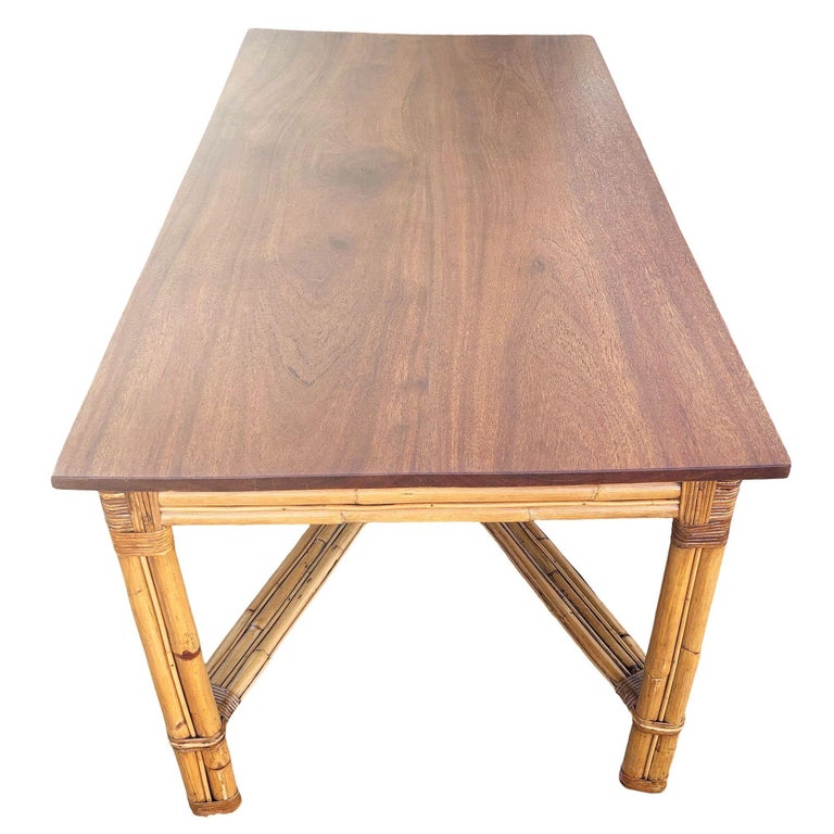 Restored Mid-century X-Pattern Coastal Rattan Dining Table w/ Mahogany Top