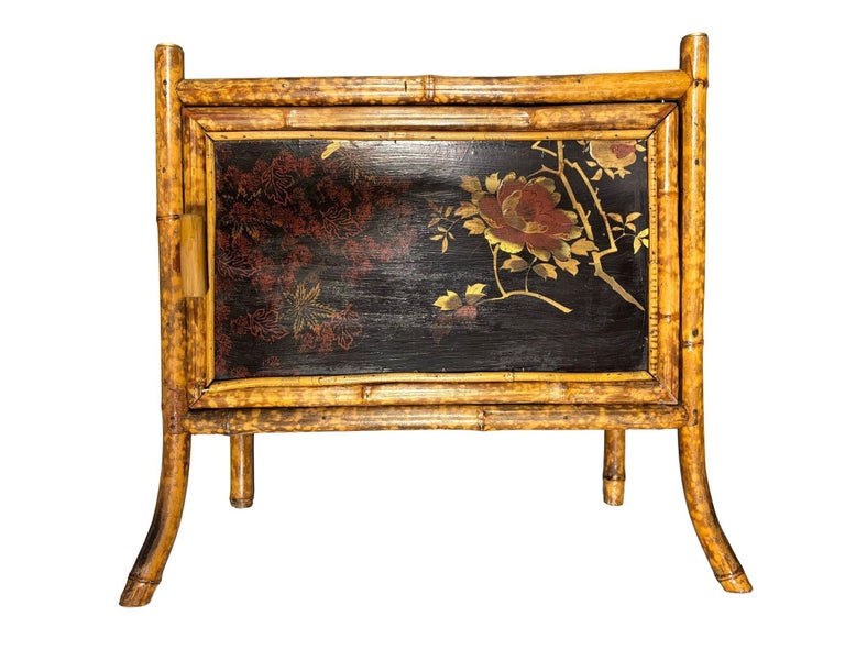 Victorian Chinoiserie Tiger Bamboo Nightstand with Hand-Painted Lacquer Front