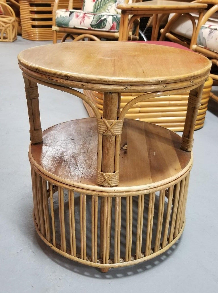 Restored Rattan Round Side Table with Pencil Reed Base
