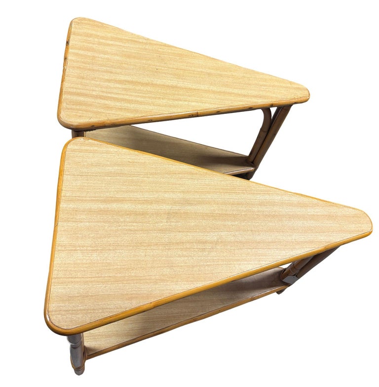 Restored MCM Rattan & Formica 2-Tiered High Arch 3-Strand Wedge Side Table, Pair