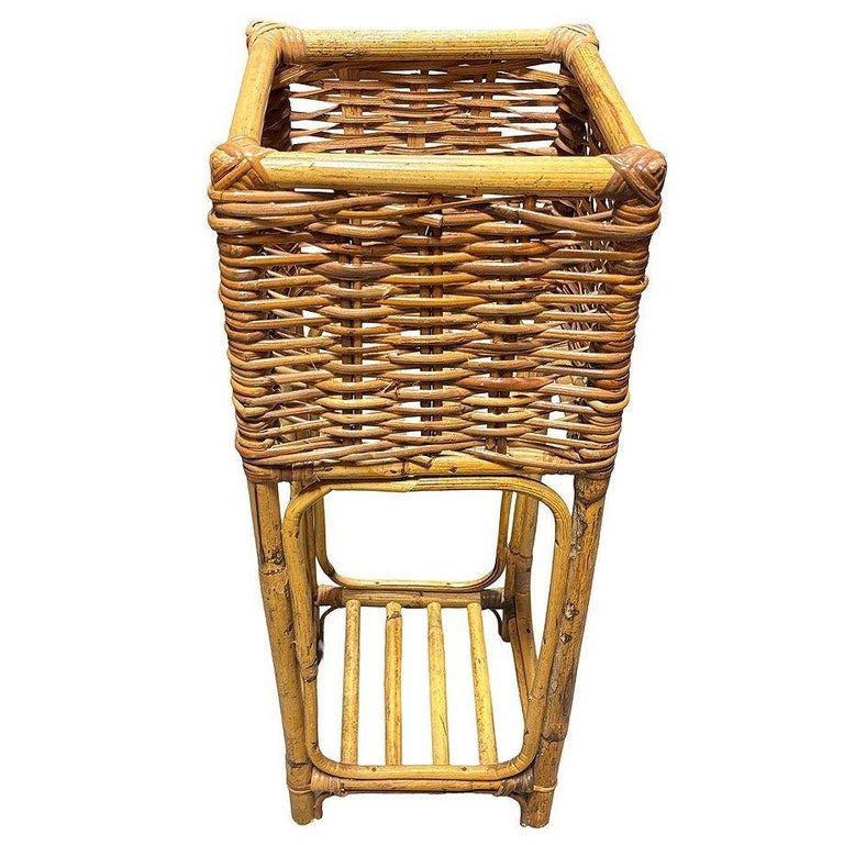 Mid Century Cubed Woven Rattan Pedestal Plant Stand