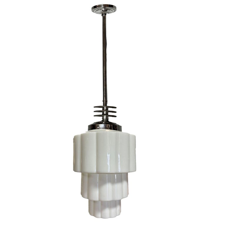 Art Deco Chrome Streamline Pendant Light w/ Stepped Milk Glass Skyscraper Shade