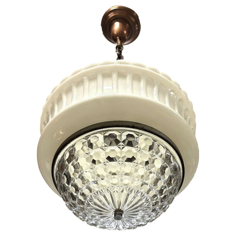 Art Deco Copper Acanthus Leaf Pendant Light w/ Crystal & Milk Glass Acorn Shade