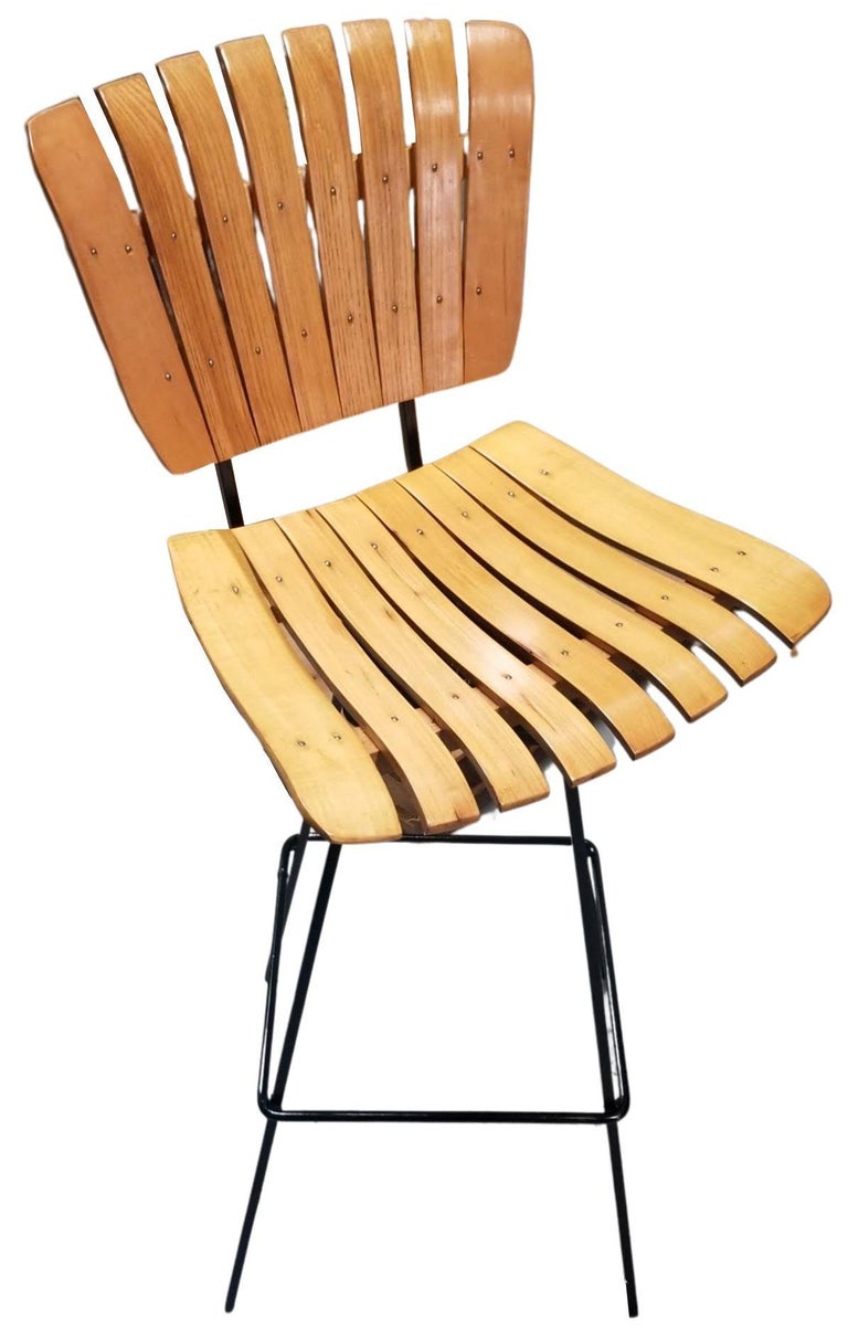 Restored Mid Century Arthur Umanoff Set of Four Slat Bar Stools