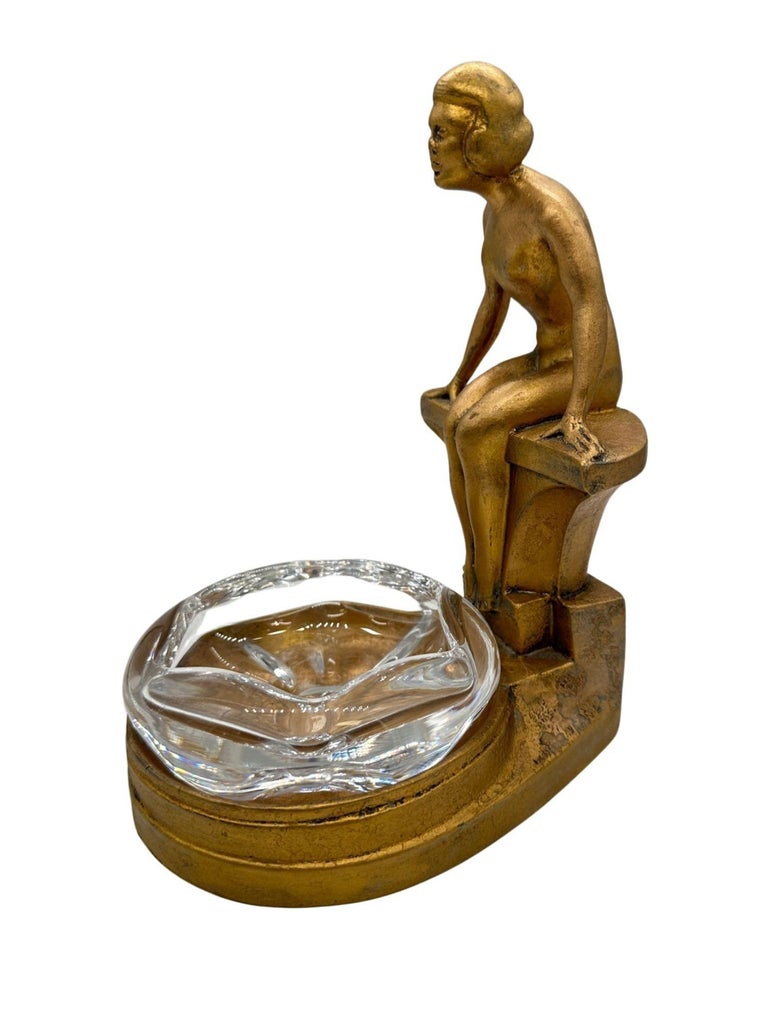 Art Deco Nude Woman Seated at Pool Bronze & Crystal Sculpter Ashtray by Nuart