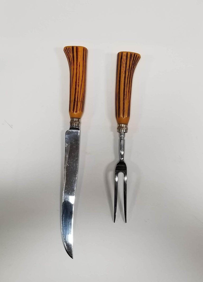Vintage Sheffield England 2-Piece Grilling Set with Faux Antler Handles