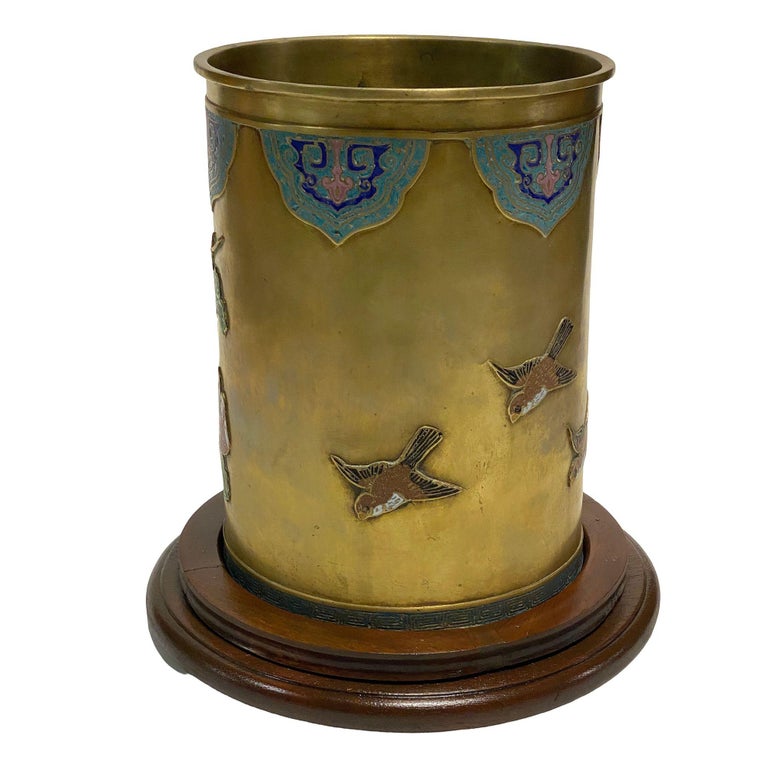 Chinese Floral Bronze Cloisonne Enamel Cylinder Vase w/ Wood Base