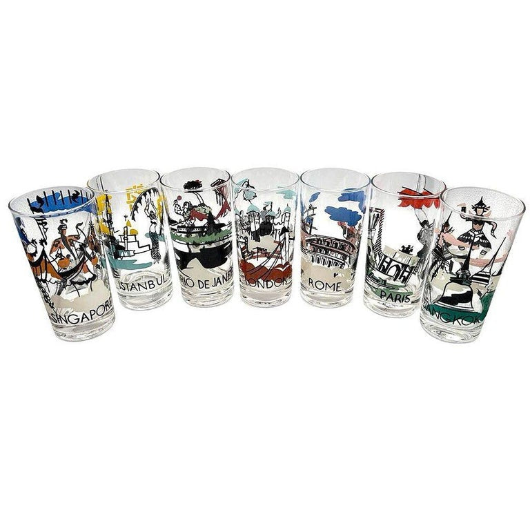 Set of 7 MCM Barware Highball "Cities Of The World" Drinking Glasses