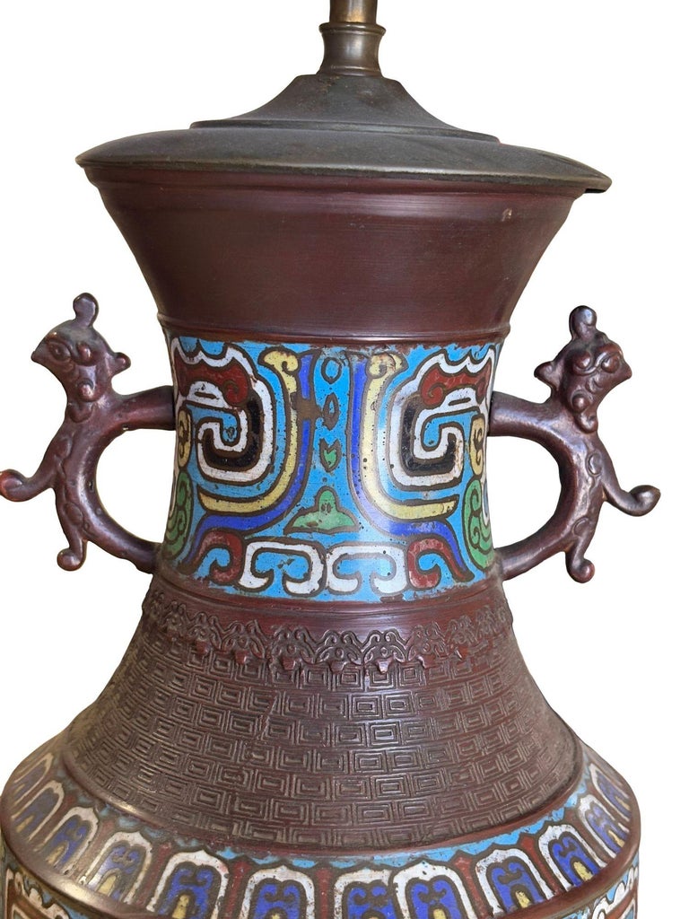 1910 Meiji Period Japanese Cloisonné Lamp with Wrought Iron and Enamel Shade