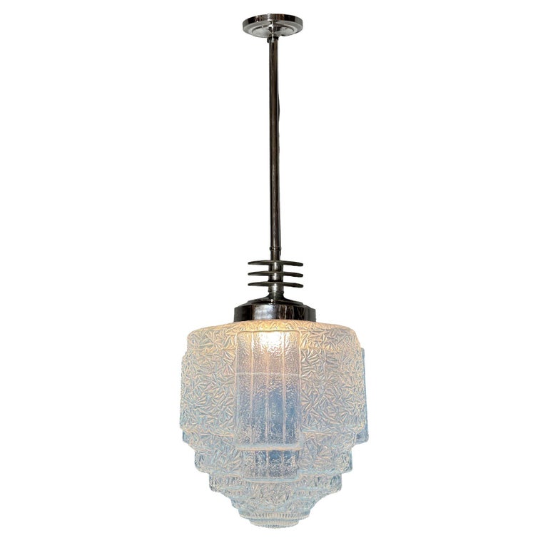 Art Deco Chrome Streamline Pendant Light w/ Skyscraper Cobalt Blue Glass Shade