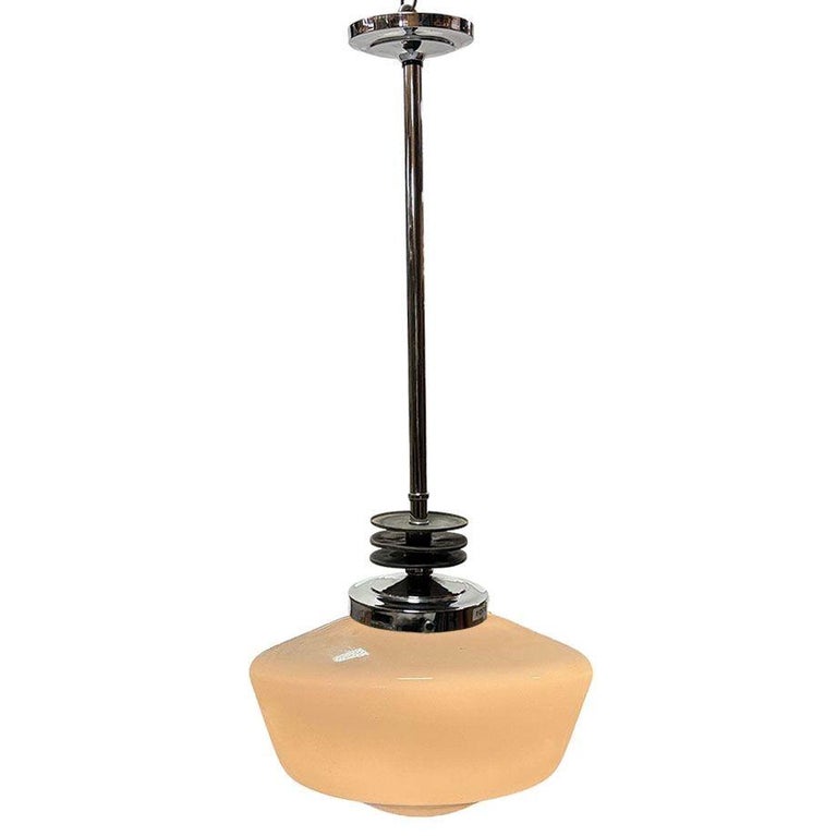 Art Deco Chrome Streamline Pendant Light w/ Opal Schoolhouse Globe