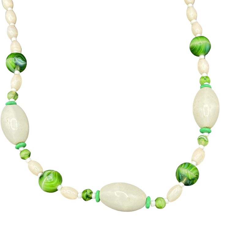 Czech Bohemian Green/White Lamp Art Glass w/Mop Shell Bead Necklace
