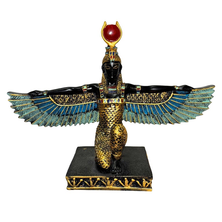 Hand Painted Resin Egyptian Goddess Tabletop Sculpture of Winged Deity Isis