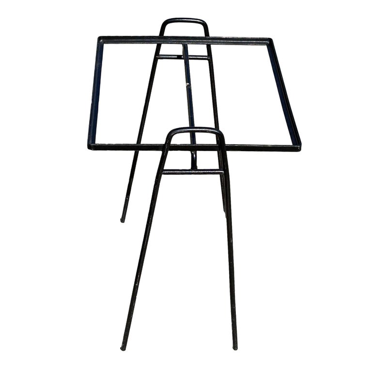 Mid-century Geometric Black Iron Patio/Outdoor Side Drinks Table w/ Glass Top