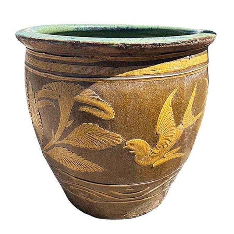Antique Chinese Century-Egg Pottery Jar • Bird & Fern Motifs • Coastal Jardinièr