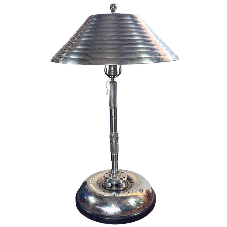 1980s Chrome Machine Age Art Deco Style Table Lamp w/ Torque Converter Base