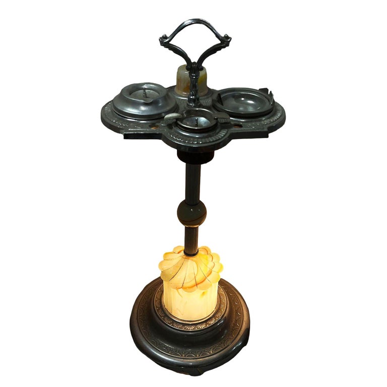 Art Deco Light Up Chrome Ashtray Stand w/ Electric Lighter & Art Glass Base