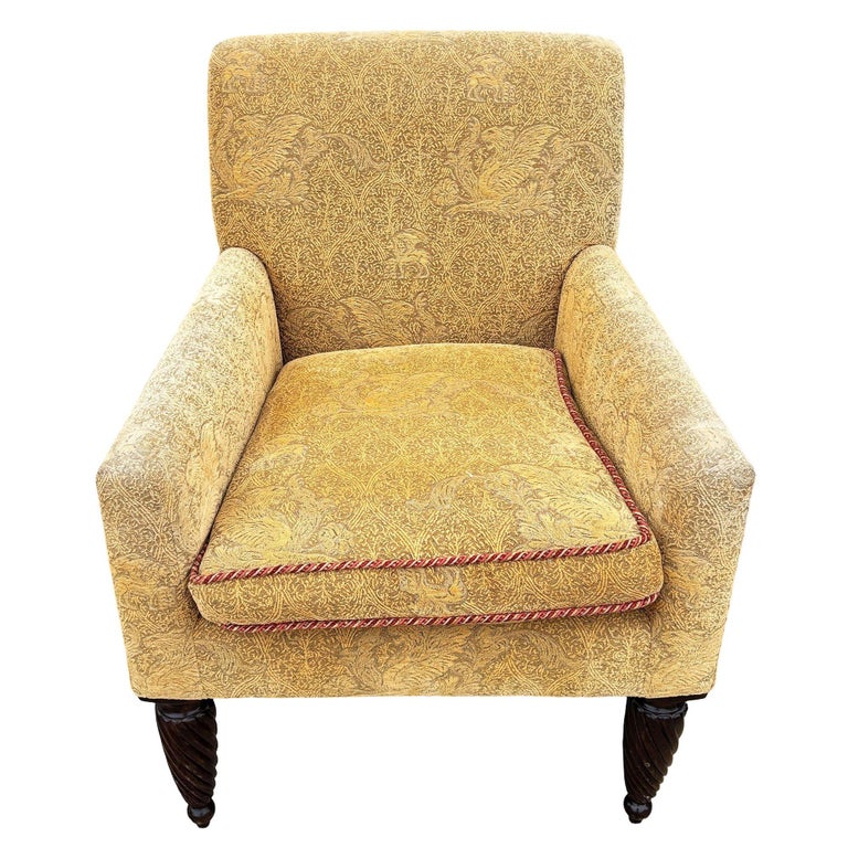 1990 Post Modern Saddle Bag Armchair Lounge w/ Yellow Foliage Pattern Upholstery