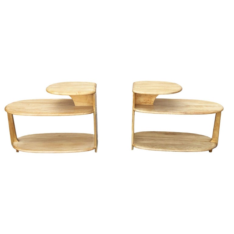 MCM C3753 3-Tier Blonde Surfboard End Table Pair by Heywood Wakefield, 1941