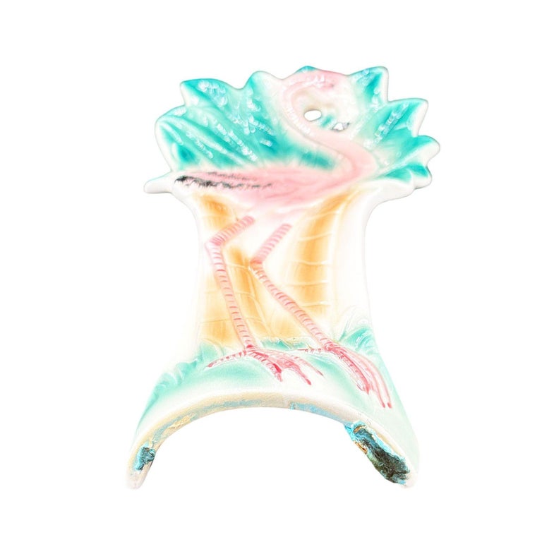 1986 Hand Painted Pink Flamingo Ceramic Spoon Rest by Sarsaparilla Deco