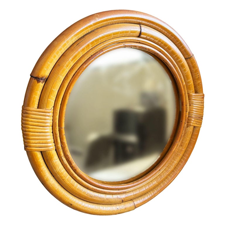 Restored Mid-century 12" Four-Strand Tropical Rattan & Wicker Round Wall Mirror