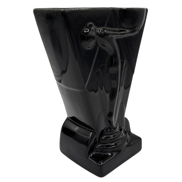 1985 Art Deco Black Pottery Vase Nude Figurine Sculpture Vase by Pelzman Design