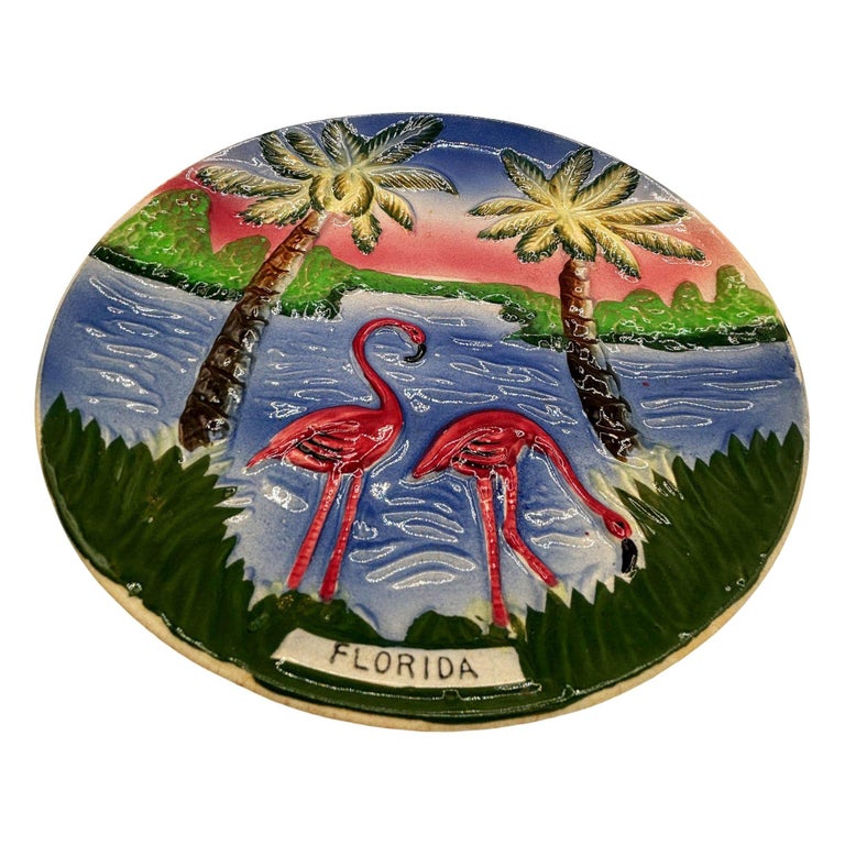 Mid-century Pottery Florida Beach Pink Flamingo Round Decrotive Wall Plate