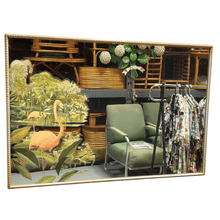 Rare Lithagraph Printed Pink Flamingo Framed Wall Mirror Wall by R. Stern for Tu