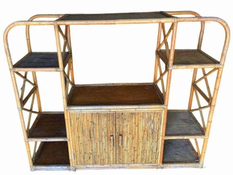 Restored Rattan Seven-Tier Display Shelf Wall Etagere Unit w/ Cabinet