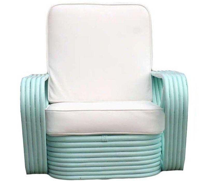 Restored Aqua Turquoise 5-Strand Square Pretzel Rattan Lounge Chairs , Pair