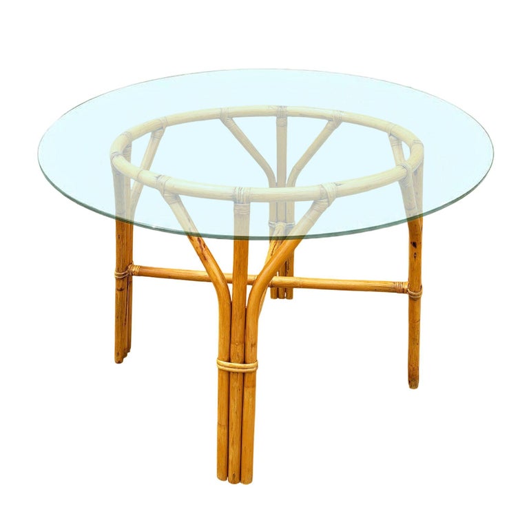 Restored Mid-century Round Glass Top 3-Strand Rattan Dining Table