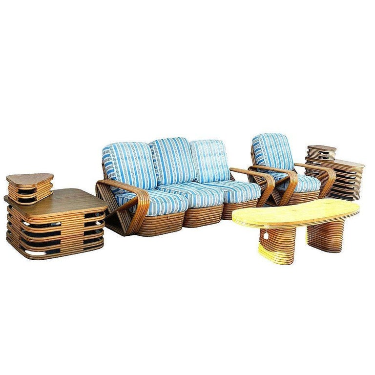 Restored MCM Rattan Six Strand Square Pretzel Table & Seating Livingroom Set