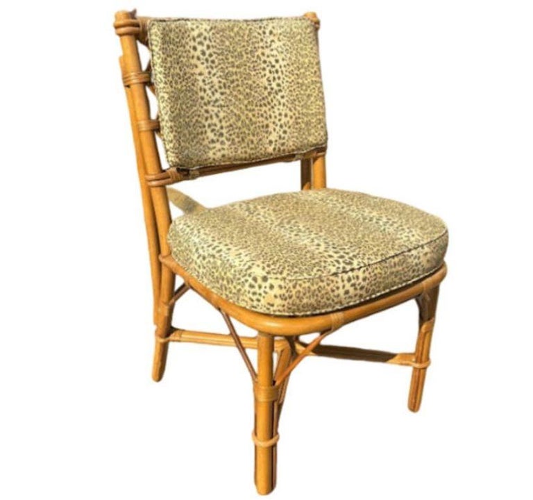 Restored Mid-century Rattan Dining Table & Chairs w/ Leopard Print Cushions