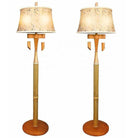 Restored High Style Koa Wood & Rattan Sculptural Floor Lamp w Ricemat Wrap, Pair