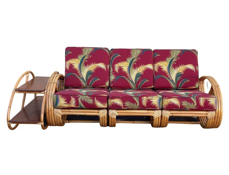 Restored Rattan 3-Strand Full Round Pretzel Sofa & Side Table Living Room Set