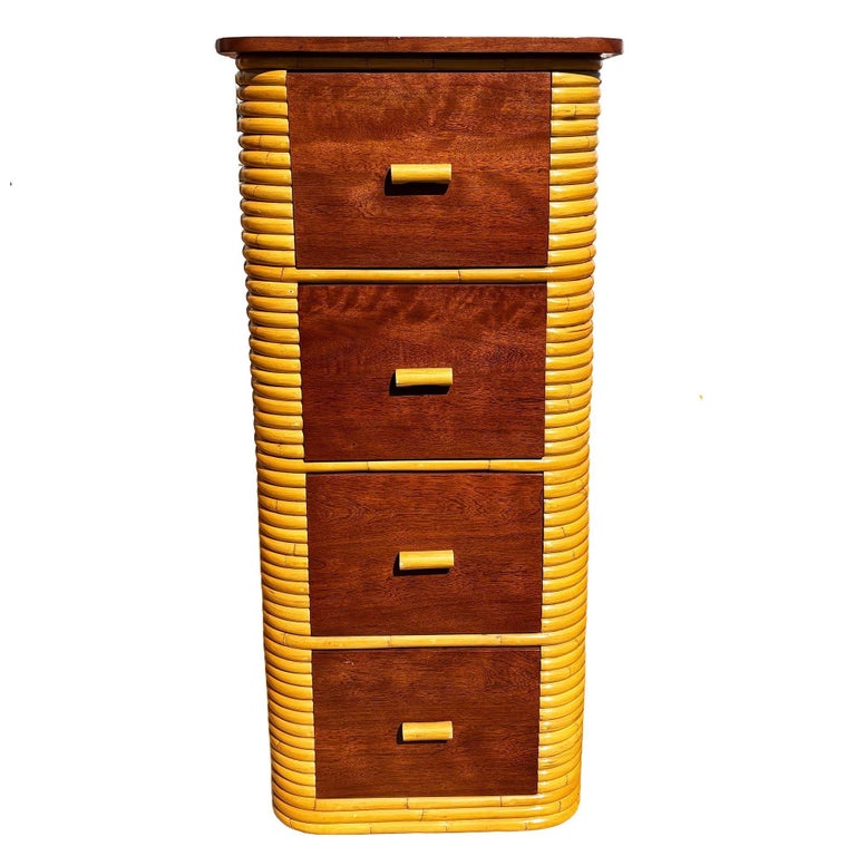 Restored Paul Frankl Style Stacked Rattan & Mahogany Petite Chest of 4 Drawers