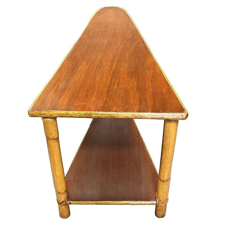 Restored Mid-century Rattan & Mahogany 2-Strand Wedge Side Table w/ Bottom Shelf