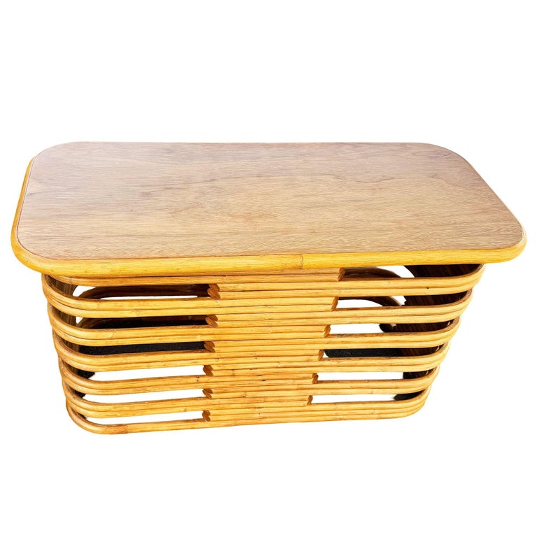 Restored Mid-century Mid-Century Stacked Rattan Side Drinks Table W/ Mahogany