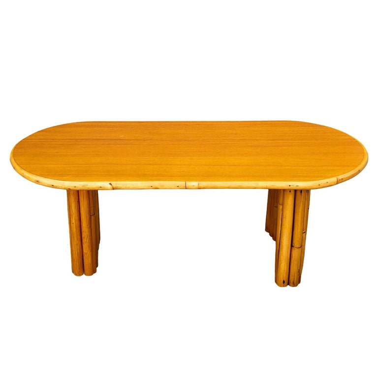 Restored Rattan & Koa Wood Oval Surfboard Coffee Table w/ Stacked Rattan Legs