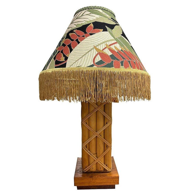 Restored Modernist Lattice Wrapped Rattan Table Lamp w/ Lamp Shade