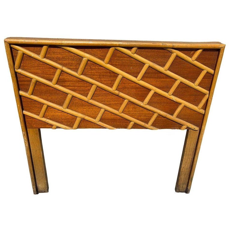 Restored Mid-century Geometric Brick Pattern Rattan & Mahogany Twin Headboad