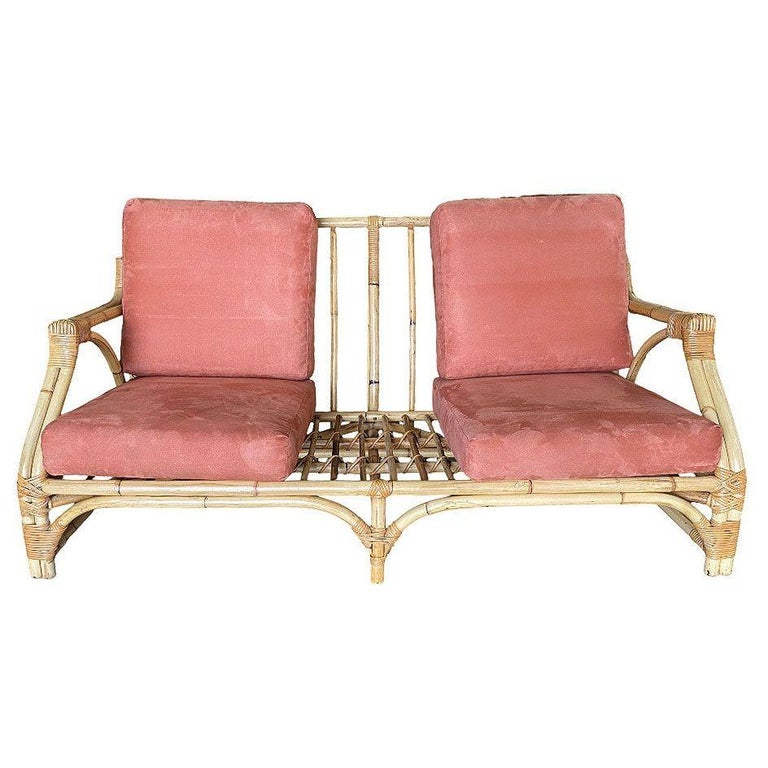 Mid-century 2-Strand Transitional Arm 3-Seat Petite Rattan Sofa w/ Arched Base