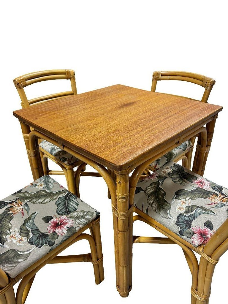 Restored Rattan Sapele Ribbon Mahogany Dining Table w/ Stacked Rattan