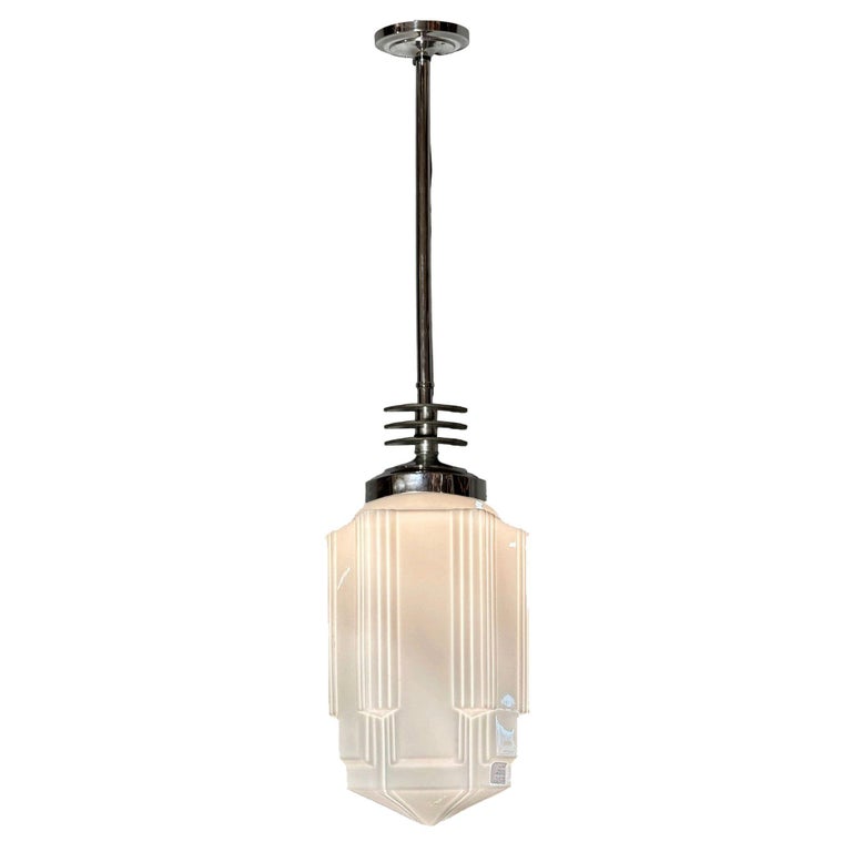 Art Deco Chrome Streamline Pendant Light w/ Skyscraper Milk Glass Shade