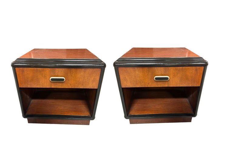Pair of Two Toned Art Deco Cherry Wood & Lacquer Bedside Tables w/ Stepped Top