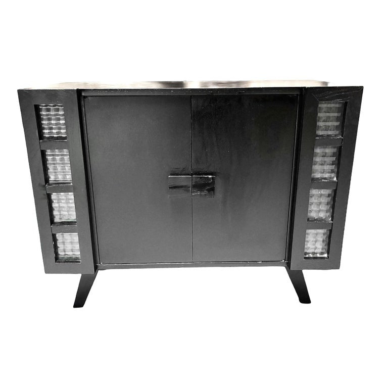 Mid Century James Mont Styled Black Lacquered & Glass Bar Cabinet & TV Stand