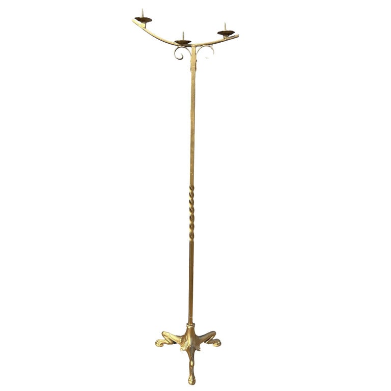 Hollywood Regency Brass-tone Floor Standing Candelabra w/ Claw-foot Base, Pair