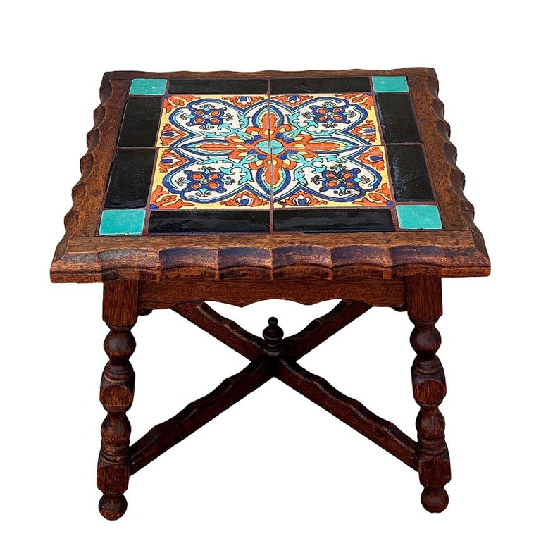 1930 Spanish Style Sculpted Dark Stained Mahogany Side Table w/ Taylor Tile-Top