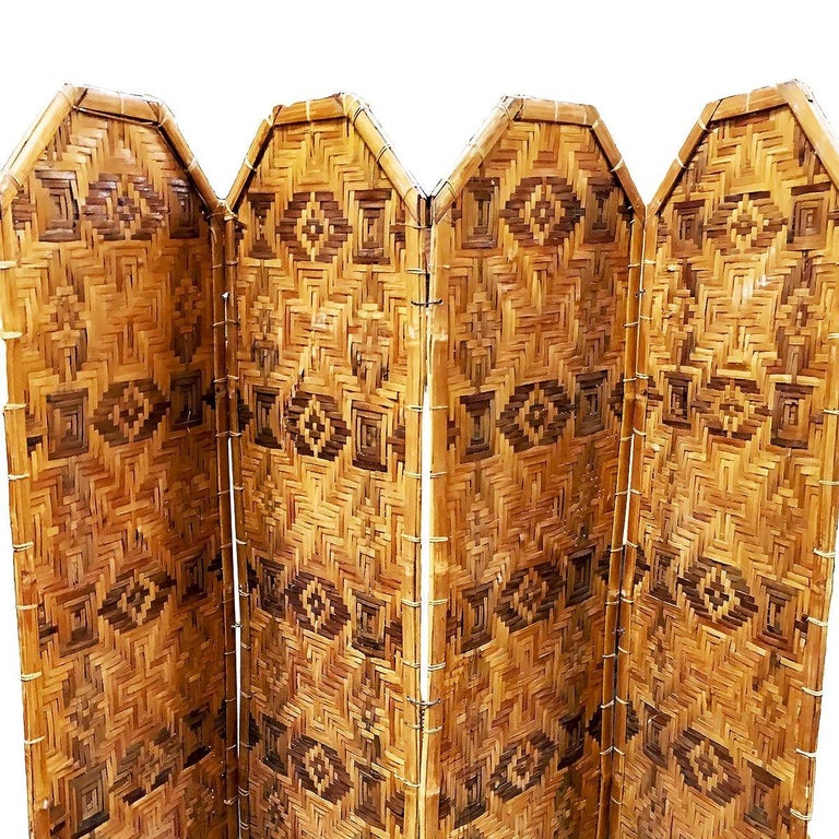 Restored Bamboo & Woven Wicker 4 Panel Folding Screen , 1920