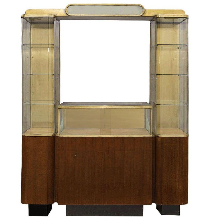 Rare Streamline Art Deco Brass & Oak Double Tower Display Case by Parker Pens